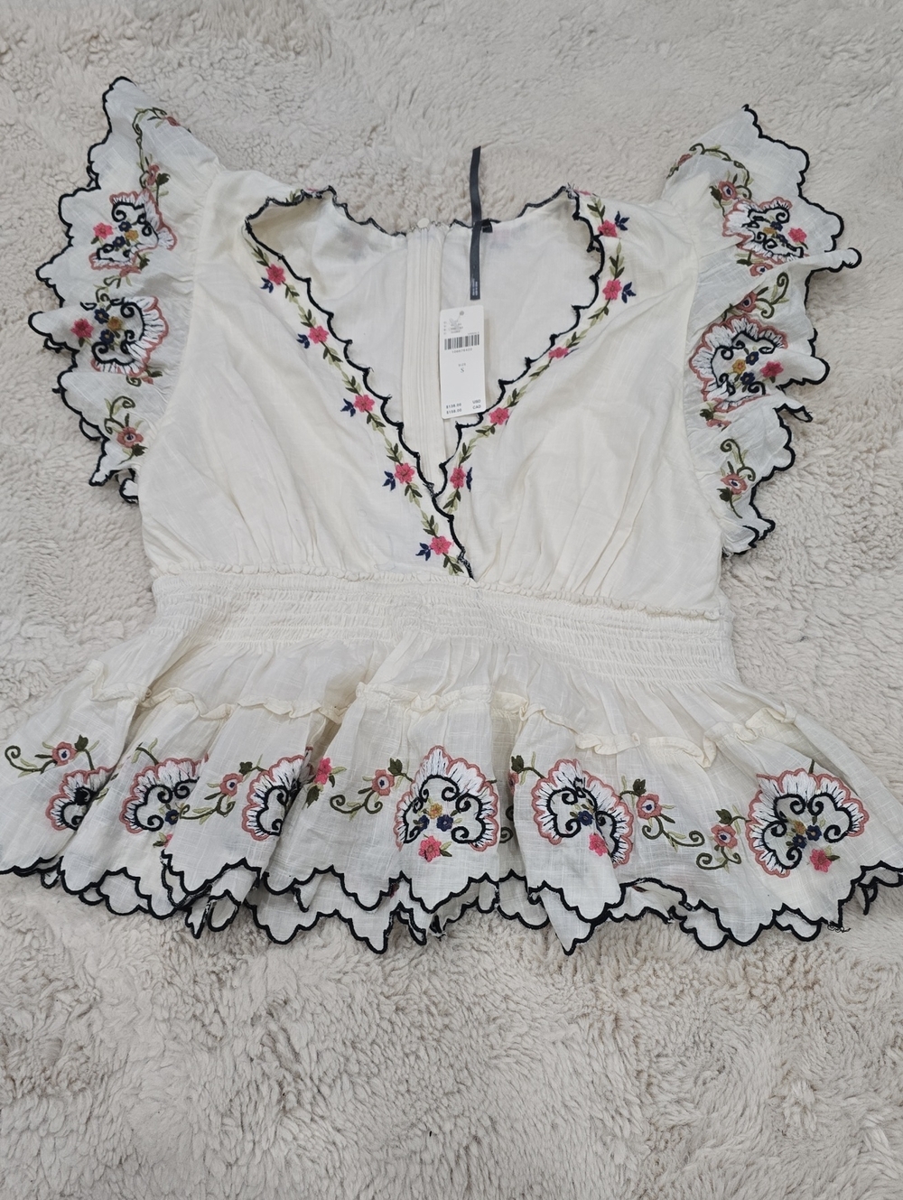 Anthropologie Cream Embroidered Peplum V-Neck Top with Pink & Black Accents